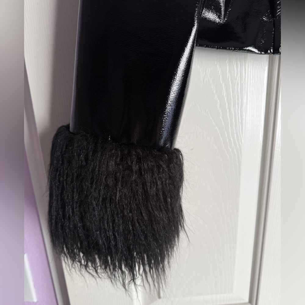 Black Shiny Faux Fur Trimmed Jacket - Picture 3 of 6
